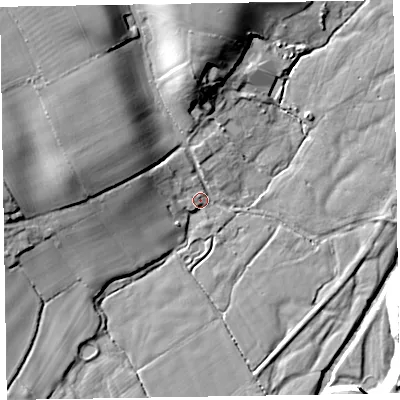 Shaded relief map of the ground around EX111LY, computed from Environment Agency LiDAR. The ground here sits at about 49 m above sea level and falls 19 m across the surrounding 800 m. Surface water reaching this point runs off ground lying to the north-west, 15.2 m higher.