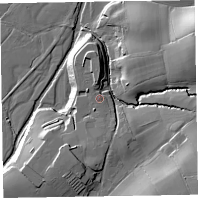 Shaded relief map of the ground around EX111LZ, computed from Environment Agency LiDAR. The ground here sits at about 62 m above sea level and falls 36 m across the surrounding 800 m. Surface water reaching this point runs off ground lying to the north-west, 2.8 m higher.