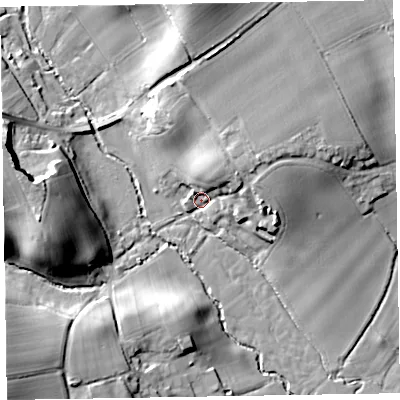 Shaded relief map of the ground around EX111NF, computed from Environment Agency LiDAR. The ground here sits at about 50 m above sea level and falls 24 m across the surrounding 800 m. Surface water reaching this point runs off ground lying to the north-east, 12.8 m higher.
