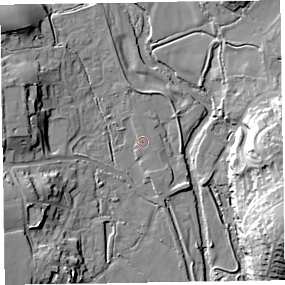Shaded relief map of the ground around EX111NR, computed from Environment Agency LiDAR. The ground here sits at about 42 m above sea level and falls 33 m across the surrounding 800 m. The ground contributing surface water to this point lies to the north-east.