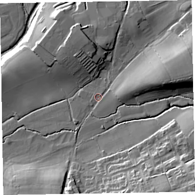 Shaded relief map of the ground around EX111NS, computed from Environment Agency LiDAR. The ground here sits at about 58 m above sea level and falls 39 m across the surrounding 800 m. Surface water reaching this point runs off ground lying to the east, 7.9 m higher.
