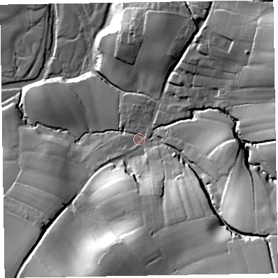 Shaded relief map of the ground around EX111NZ, computed from Environment Agency LiDAR. The ground here sits at about 63 m above sea level and falls 52 m across the surrounding 800 m. Surface water reaching this point runs off ground lying to the south-east, 42.4 m higher.