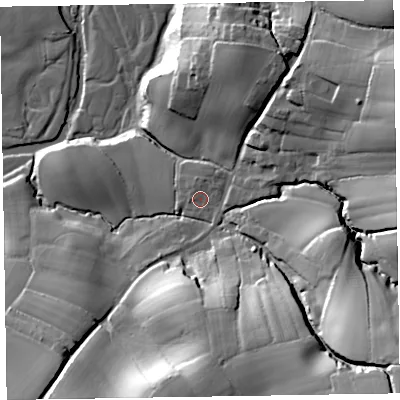 Shaded relief map of the ground around EX111PD, computed from Environment Agency LiDAR. The ground here sits at about 63 m above sea level and falls 51 m across the surrounding 800 m. Surface water reaching this point runs off ground lying to the north-north-east, 2.3 m higher.