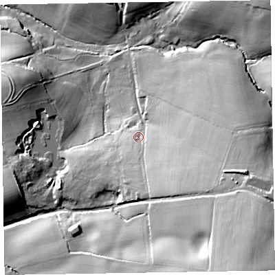 Shaded relief map of the ground around EX111PH, computed from Environment Agency LiDAR. The ground here sits at about 101 m above sea level and falls 62 m across the surrounding 800 m. Surface water reaching this point runs off ground lying to the south-east, 21.5 m higher.