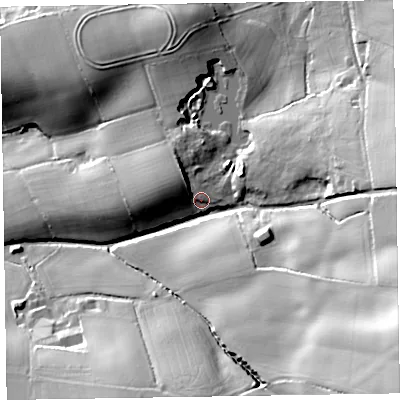 Shaded relief map of the ground around EX111PL, computed from Environment Agency LiDAR. The ground here sits at about 96 m above sea level and falls 56 m across the surrounding 800 m. Surface water reaching this point runs off ground lying to the north-north-west, 9.6 m higher.