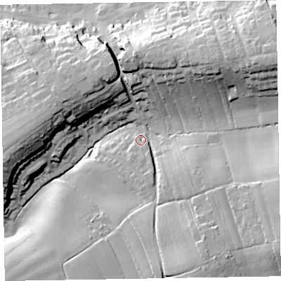 Shaded relief map of the ground around EX111PN, computed from Environment Agency LiDAR. The ground here sits at about 56 m above sea level and falls 41 m across the surrounding 800 m. Surface water reaching this point runs off ground lying to the east-north-east, 28.1 m higher.