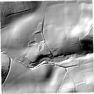 Shaded relief map of the ground around EX111PP, computed from Environment Agency LiDAR. The ground here sits at about 77 m above sea level and falls 64 m across the surrounding 800 m. Surface water reaching this point runs off ground lying to the east-north-east, 13.9 m higher.