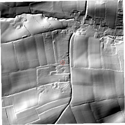 Shaded relief map of the ground around EX111PU, computed from Environment Agency LiDAR. The ground here sits at about 62 m above sea level and falls 52 m across the surrounding 800 m. Surface water reaching this point runs off ground lying to the south-south-east, 5.7 m higher.