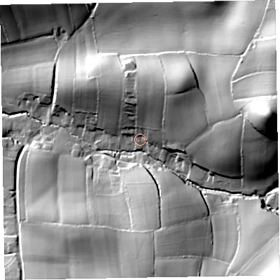 Shaded relief map of the ground around EX111PY, computed from Environment Agency LiDAR. The ground here sits at about 63 m above sea level and falls 63 m across the surrounding 800 m. Surface water reaching this point runs off ground lying to the north-east, 26.6 m higher.