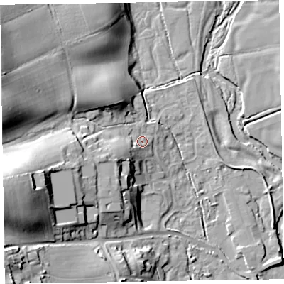 Shaded relief map of the ground around EX111QP, computed from Environment Agency LiDAR. The ground here sits at about 46 m above sea level and falls 36 m across the surrounding 800 m. Surface water reaching this point runs off ground lying to the west-south-west, 10.2 m higher.