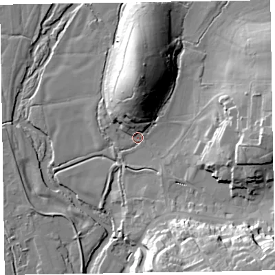Shaded relief map of the ground around EX111QR, computed from Environment Agency LiDAR. The ground here sits at about 45 m above sea level and falls 36 m across the surrounding 800 m. Surface water reaching this point runs off ground lying to the north, 23.7 m higher.