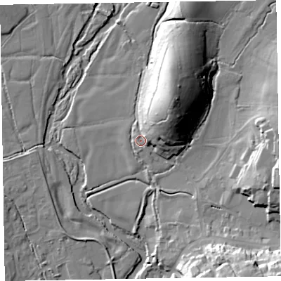 Shaded relief map of the ground around EX111QS, computed from Environment Agency LiDAR. The ground here sits at about 45 m above sea level and falls 30 m across the surrounding 800 m. Surface water reaching this point runs off ground lying to the north-east, 22.0 m higher.
