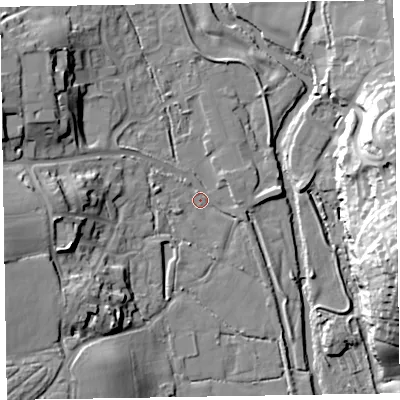 Shaded relief map of the ground around EX111RE, computed from Environment Agency LiDAR. The ground here sits at about 40 m above sea level and falls 31 m across the surrounding 800 m. Surface water reaching this point runs off ground lying to the west-north-west, 17.3 m higher.