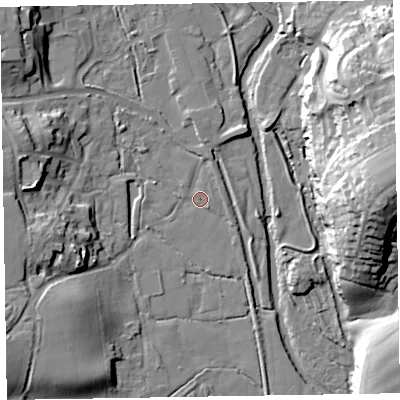Shaded relief map of the ground around EX111RF, computed from Environment Agency LiDAR. The ground here sits at about 40 m above sea level and falls 34 m across the surrounding 800 m. Surface water reaching this point runs off ground lying to the north-west, 15.8 m higher.
