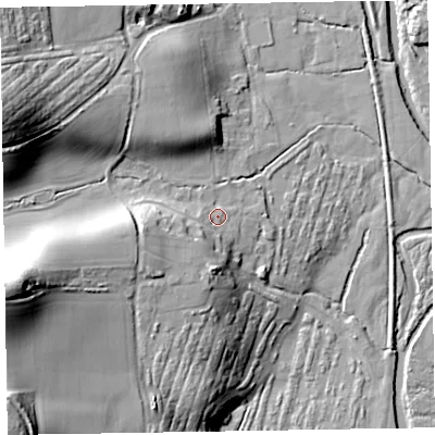 Shaded relief map of the ground around EX111RH, computed from Environment Agency LiDAR. The ground here sits at about 44 m above sea level and falls 38 m across the surrounding 800 m. Surface water reaching this point runs off ground lying to the west-south-west, 10.5 m higher.