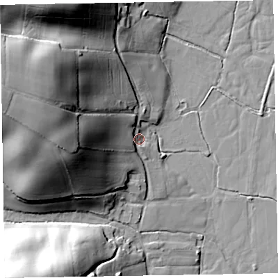 Shaded relief map of the ground around EX111RJ, computed from Environment Agency LiDAR. The ground here sits at about 36 m above sea level and falls 43 m across the surrounding 800 m. Surface water reaching this point runs off ground lying to the west, 33.6 m higher.