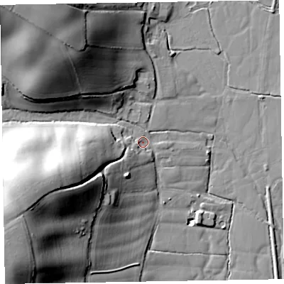 Shaded relief map of the ground around EX111RL, computed from Environment Agency LiDAR. The ground here sits at about 36 m above sea level and falls 45 m across the surrounding 800 m. Surface water reaching this point runs off ground lying to the north-west, 38.5 m higher.