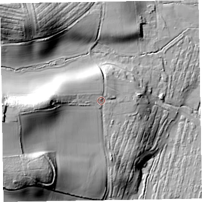 Shaded relief map of the ground around EX111RQ, computed from Environment Agency LiDAR. The ground here sits at about 53 m above sea level and falls 44 m across the surrounding 800 m. Surface water reaching this point runs off ground lying to the west, 10.4 m higher.