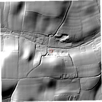 Shaded relief map of the ground around EX111RS, computed from Environment Agency LiDAR. The ground here sits at about 40 m above sea level and falls 52 m across the surrounding 800 m. Surface water reaching this point runs off ground lying to the west-south-west, 39.6 m higher.