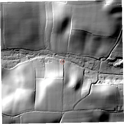 Shaded relief map of the ground around EX111RU, computed from Environment Agency LiDAR. The ground here sits at about 46 m above sea level and falls 47 m across the surrounding 800 m. Surface water reaching this point runs off ground lying to the south-south-west, 30.3 m higher.