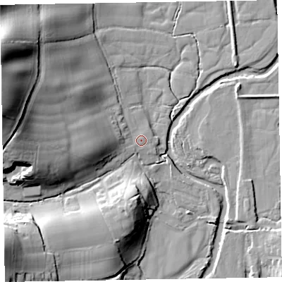 Shaded relief map of the ground around EX111RW, computed from Environment Agency LiDAR. The ground here sits at about 32 m above sea level and falls 40 m across the surrounding 800 m. Surface water reaching this point runs off ground lying to the west, 11.0 m higher.