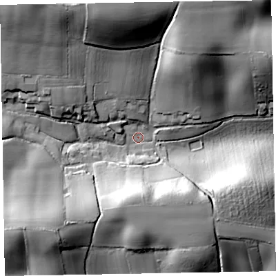 Shaded relief map of the ground around EX111RZ, computed from Environment Agency LiDAR. The ground here sits at about 41 m above sea level and falls 48 m across the surrounding 800 m. Surface water reaching this point runs off ground lying to the north-north-west, 42.0 m higher.