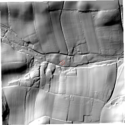 Shaded relief map of the ground around EX111SD, computed from Environment Agency LiDAR. The ground here sits at about 41 m above sea level and falls 45 m across the surrounding 800 m. Surface water reaching this point runs off ground lying to the north-west, 4.3 m higher.