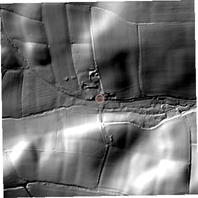 Shaded relief map of the ground around EX111SS, computed from Environment Agency LiDAR. The ground here sits at about 54 m above sea level and falls 38 m across the surrounding 800 m. Surface water reaching this point runs off ground lying to the south-west, 29.8 m higher.