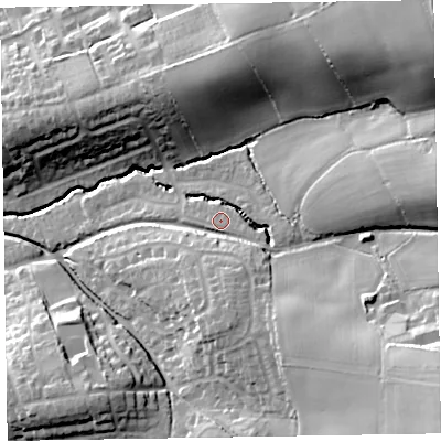 Shaded relief map of the ground around EX111TA, computed from Environment Agency LiDAR. The ground here sits at about 72 m above sea level and falls 45 m across the surrounding 800 m. Surface water reaching this point runs off ground lying to the south-south-east, 9.4 m higher.