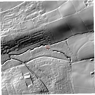 Shaded relief map of the ground around EX111TE, computed from Environment Agency LiDAR. The ground here sits at about 67 m above sea level and falls 41 m across the surrounding 800 m. Surface water reaching this point runs off ground lying to the north-east, 33.8 m higher.