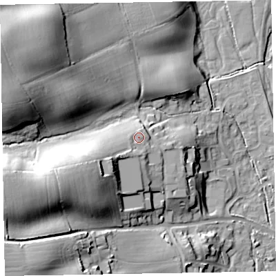 Shaded relief map of the ground around EX111WH, computed from Environment Agency LiDAR. The ground here sits at about 57 m above sea level and falls 41 m across the surrounding 800 m. Surface water reaching this point runs off ground lying to the west-south-west, 17.2 m higher.