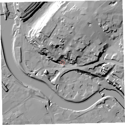 Shaded relief map of the ground around EX11BA, computed from Environment Agency LiDAR. The ground here sits at about 13 m above sea level and falls 39 m across the surrounding 800 m. Surface water reaching this point runs off ground lying to the north-east, 32.7 m higher.