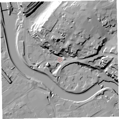 Shaded relief map of the ground around EX11FE, computed from Environment Agency LiDAR. The ground here sits at about 10 m above sea level and falls 39 m across the surrounding 800 m. Surface water reaching this point runs off ground lying to the north-east, 35.8 m higher.