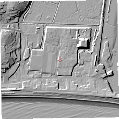 Shaded relief map of the ground around EX122FB, computed from Environment Agency LiDAR. The ground here sits at about 5 m above sea level and falls 17 m across the surrounding 800 m. Surface water reaching this point runs off ground lying to the north-north-west, 2.4 m higher.