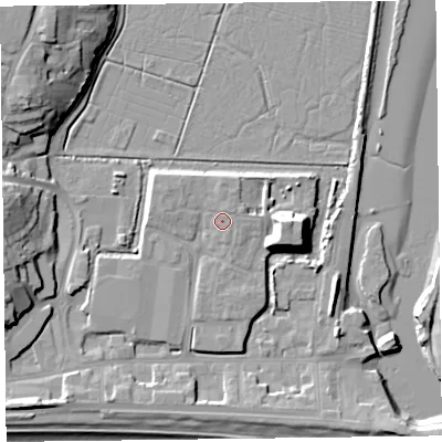 Shaded relief map of the ground around EX122FH, computed from Environment Agency LiDAR. The ground here sits at about 5 m above sea level and falls 15 m across the surrounding 800 m. Surface water reaching this point runs off ground lying to the north-east, 0.8 m higher.