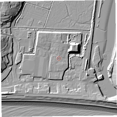 Shaded relief map of the ground around EX122FJ, computed from Environment Agency LiDAR. The ground here sits at about 4 m above sea level and falls 17 m across the surrounding 800 m. Surface water reaching this point runs off ground lying to the south, 0.6 m higher.
