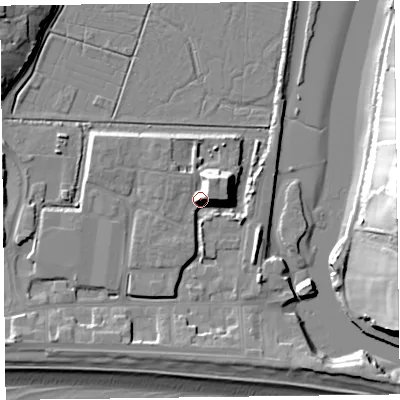 Shaded relief map of the ground around EX122FL, computed from Environment Agency LiDAR. The ground here sits at about 12 m above sea level and falls 29 m across the surrounding 800 m. Surface water reaching this point runs off ground lying to the north-north-east, 10.6 m higher.