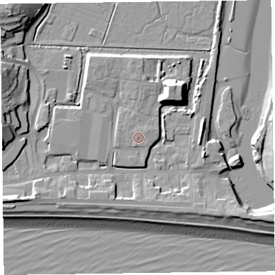 Shaded relief map of the ground around EX122FN, computed from Environment Agency LiDAR. The ground here sits at about 5 m above sea level and falls 17 m across the surrounding 800 m. Surface water reaching this point runs off ground lying to the east-north-east, 0.8 m higher.