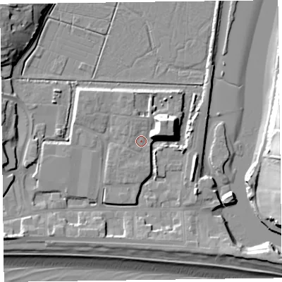 Shaded relief map of the ground around EX122FP, computed from Environment Agency LiDAR. The ground here sits at about 4 m above sea level and falls 17 m across the surrounding 800 m. Surface water reaching this point runs off ground lying to the north-east, 8.7 m higher.