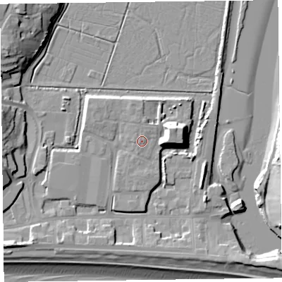 Shaded relief map of the ground around EX122FQ, computed from Environment Agency LiDAR. The ground here sits at about 5 m above sea level and falls 17 m across the surrounding 800 m. Surface water reaching this point runs off ground lying to the north, 0.8 m higher.
