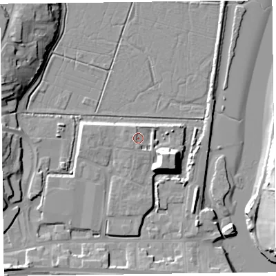 Shaded relief map of the ground around EX122FR, computed from Environment Agency LiDAR. The ground here sits at about 4 m above sea level and falls 15 m across the surrounding 800 m. Surface water reaching this point runs off ground lying to the south-south-west, 2.6 m higher.