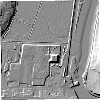 Shaded relief map of the ground around EX122FS, computed from Environment Agency LiDAR. The ground here sits at about 3 m above sea level and falls 27 m across the surrounding 800 m. Surface water reaching this point runs off ground lying to the south-south-east, 9.6 m higher.