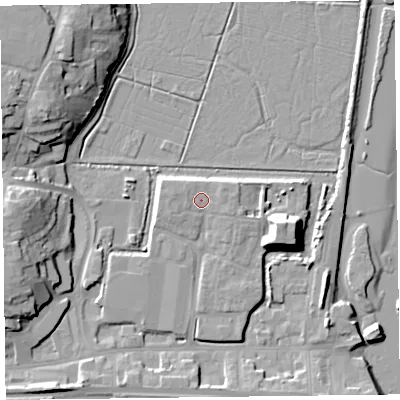 Shaded relief map of the ground around EX122FT, computed from Environment Agency LiDAR. The ground here sits at about 5 m above sea level and falls 15 m across the surrounding 800 m. Surface water reaching this point runs off ground lying to the west-north-west, 1.2 m higher.