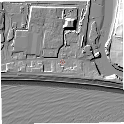 Shaded relief map of the ground around EX122GA, computed from Environment Agency LiDAR. The ground here sits at about 2 m above sea level and falls 21 m across the surrounding 800 m. Surface water reaching this point runs off ground lying to the west-south-west, 4.6 m higher.