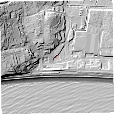 Shaded relief map of the ground around EX122GZ, computed from Environment Agency LiDAR. The ground here sits at about 3 m above sea level and falls 34 m across the surrounding 800 m. Surface water reaching this point runs off ground lying to the west-north-west, 26.1 m higher.