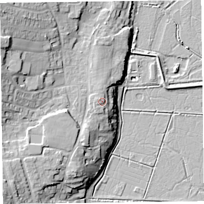 Shaded relief map of the ground around EX122LF, computed from Environment Agency LiDAR. The ground here sits at about 12 m above sea level and falls 24 m across the surrounding 800 m. Surface water reaching this point runs off ground lying to the north-west, 1.5 m higher.