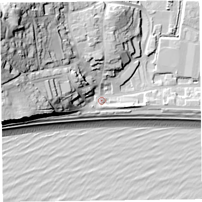 Shaded relief map of the ground around EX122LL, computed from Environment Agency LiDAR. The ground here sits at about 5 m above sea level and falls 43 m across the surrounding 800 m. Surface water reaching this point runs off ground lying to the north-west, 36.3 m higher.