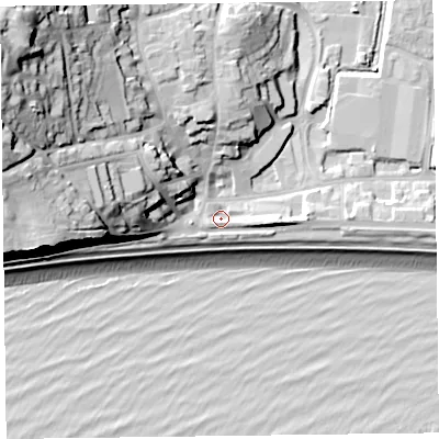 Shaded relief map of the ground around EX122LN, computed from Environment Agency LiDAR. The ground here sits at about 5 m above sea level and falls 41 m across the surrounding 800 m. Surface water reaching this point runs off ground lying to the west, 16.1 m higher.