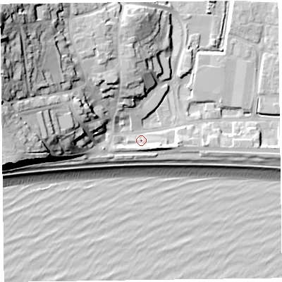 Shaded relief map of the ground around EX122LP, computed from Environment Agency LiDAR. The ground here sits at about 5 m above sea level and falls 38 m across the surrounding 800 m. Surface water reaching this point runs off ground lying to the west, 24.5 m higher.