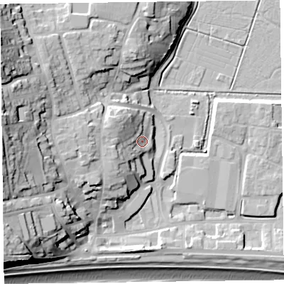 Shaded relief map of the ground around EX122LQ, computed from Environment Agency LiDAR. The ground here sits at about 7 m above sea level and falls 32 m across the surrounding 800 m. Surface water reaching this point runs off ground lying to the west-south-west, 8.5 m higher.